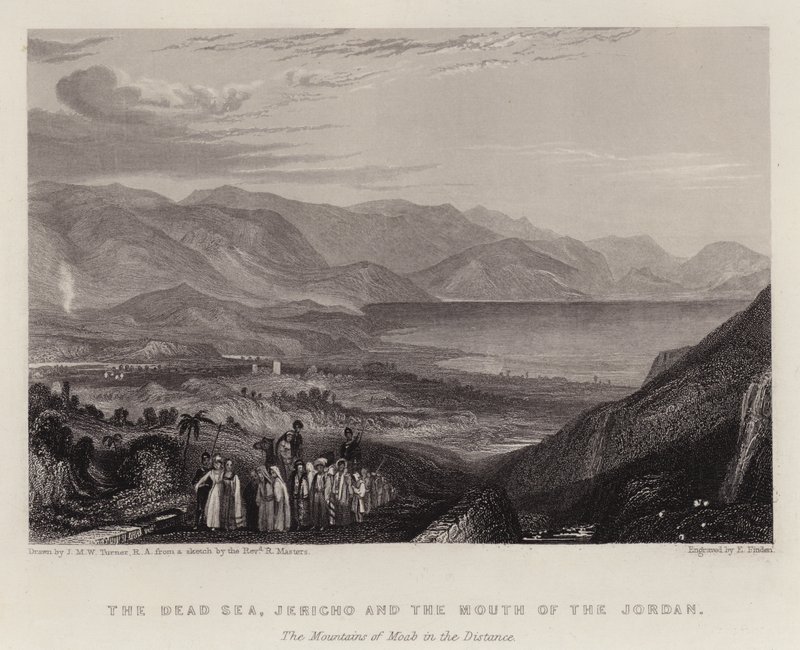Holt-tenger, Jerikó és a Jordán torkolata, Moáb hegyei a távolban (színes litho) alkotó: Joseph Mallord William (after) Turner