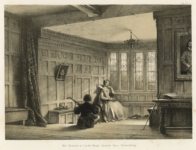 Öbölablak az étkezőben, Haddon Hall, Derbyshire alkotó: Joseph Nash