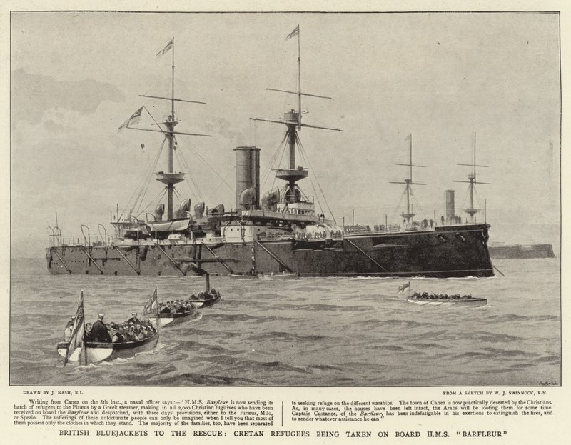 Brit kékkabátosok a megmentésre, a krétai menekülteket a HMS Barfleur fedélzetére szállítják alkotó: Joseph Nash