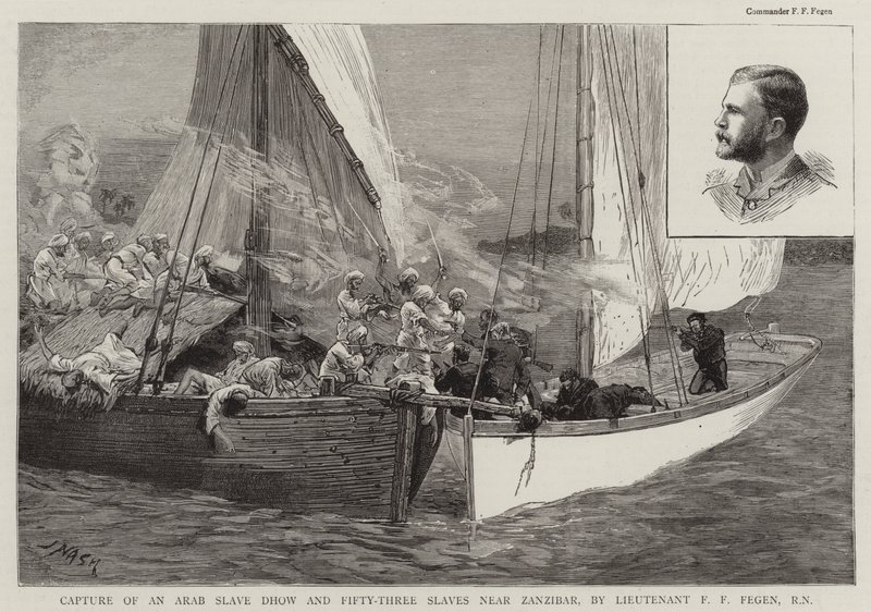 Egy arab rabszolga dhow és ötvenhárom rabszolga elfogása Zanzibár közelében, F. F. Fegen hadnagy, RN alkotó: Joseph Nash
