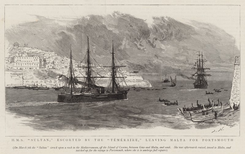 A Temeraire által kísért HMS Sultan elhagyja Máltát és Portsmouthba tart. alkotó: Joseph Nash