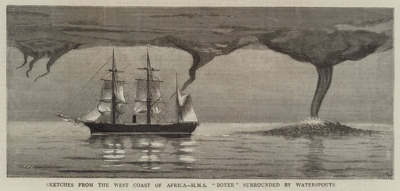 Vázlatok Afrika nyugati partjáról, a HMS Boxerről Waterspouts-kal körülvéve alkotó: Joseph Nash