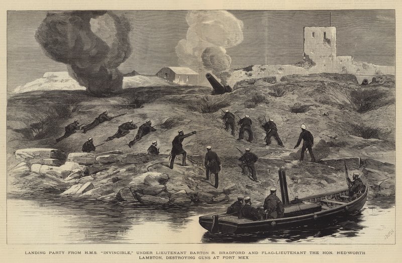 Alexandria bombázása, a HMS Invincible leszállócsapata, Barton R Bradford hadnagy és Hedworth Lambton zászlós hadnagy vezetésével fegyvereket semmisít meg Fort Mexben alkotó: Joseph Nash