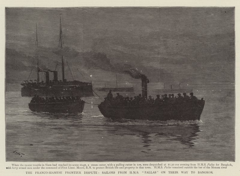 A francia-sziámi határvita, a HMS Pallas tengerészei úton Bangkok felé alkotó: Joseph Nash