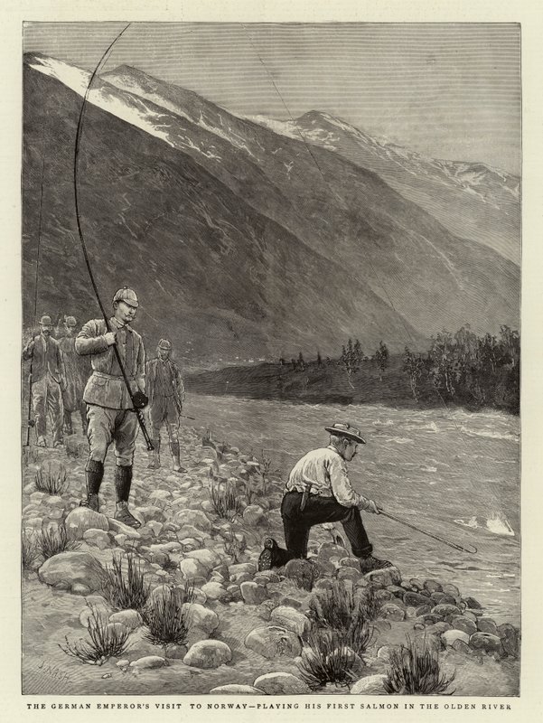 A német császár látogatása Norvégiában, eljátssza első lazacját az Olden Riverben alkotó: Joseph Nash