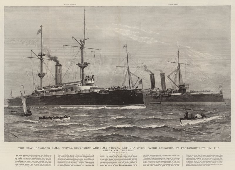 Az új vashajók, a HMS Royal Sovereign és a HMS Royal Arthur, amelyeket csütörtökön bocsátott vízre a királynő Portsmouthban. alkotó: Joseph Nash