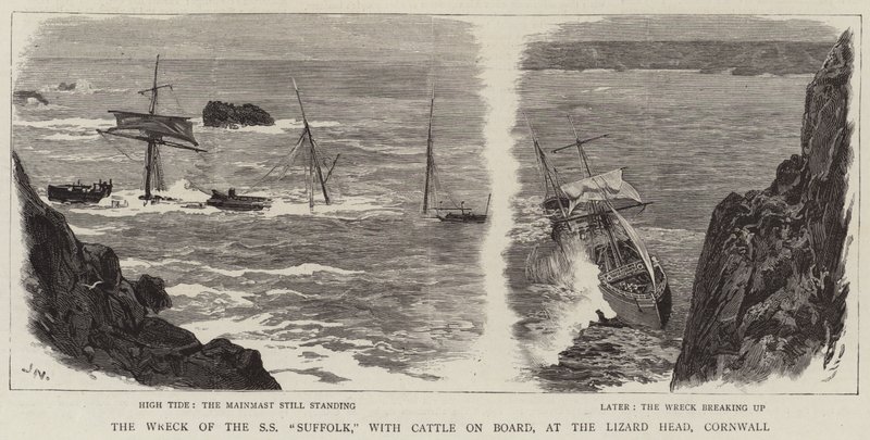 Az SS Suffolk roncsa, marhákkal a fedélzeten a Lizard Headnél, Cornwallban alkotó: Joseph Nash