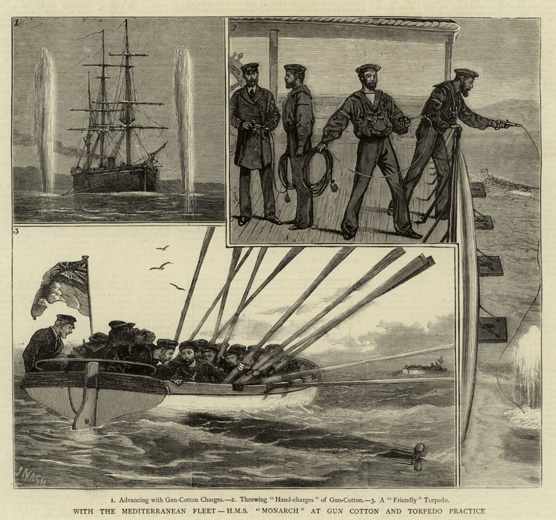 A mediterrán flottával, a H M S Monarch at Gun Cotton és a Torpedo Practice csapatával alkotó: Joseph Nash