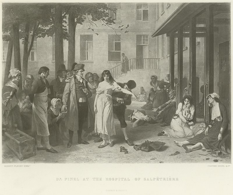 Dr. Pinel a salpetriere-i kórházban (mélynyomás) alkotó: Joseph Nicolas Robert Fleury