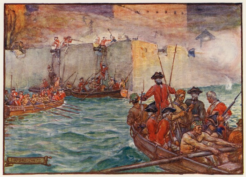 Edward Vernon admirális támadást vezet a Jenkins-fül háború alatt (színes litográfia) alkotó: Joseph Ratcliffe (after) Skelton