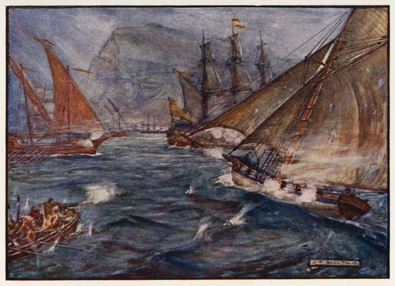 A Buck brit hajó kikerülte a Gibraltár spanyol blokádját. alkotó: Joseph Ratcliffe (after) Skelton
