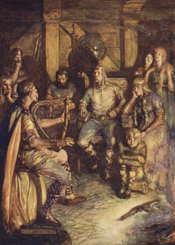 A gleeman Beowulf tetteit énekli (színes litó) alkotó: Joseph Ratcliffe (after) Skelton