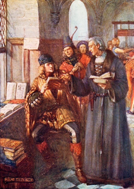 William Caxton nyomdájába látogató nemesek alkotó: Joseph Ratcliffe Skelton