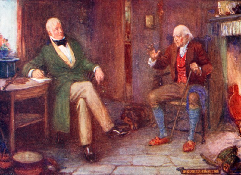 Sir Walter Scott meglátogat egy szegény embert a házikójában alkotó: Joseph Ratcliffe Skelton