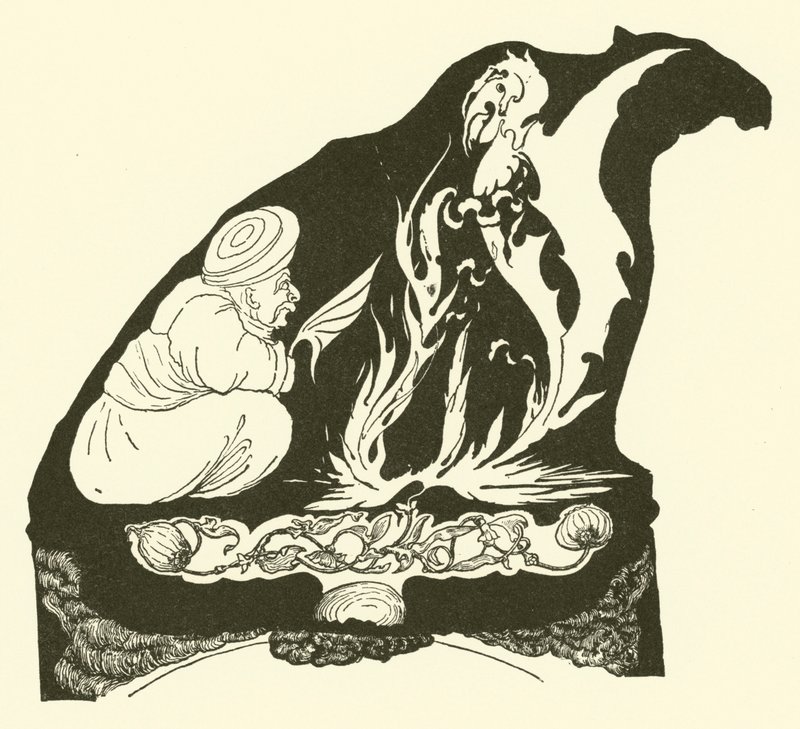 A Djinn, aki elindította a varázslatot, amely elhozta a Humphot a tevéhez (metszet) alkotó: Joseph Rudyard (after) Kipling