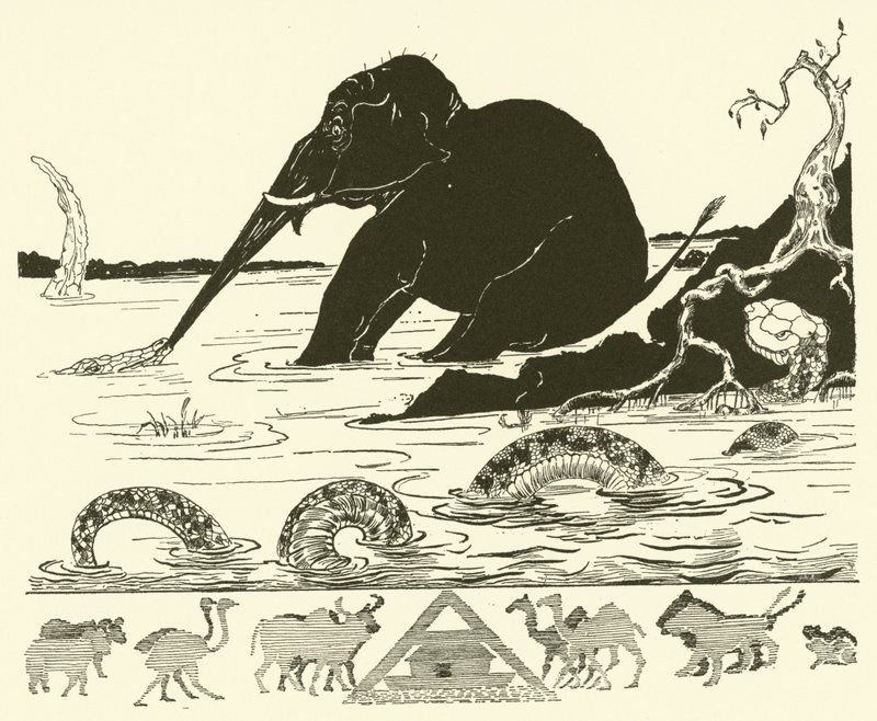 Az elefánt gyermeke, akinek a krokodil húzza az orrát (metszet) alkotó: Joseph Rudyard (after) Kipling