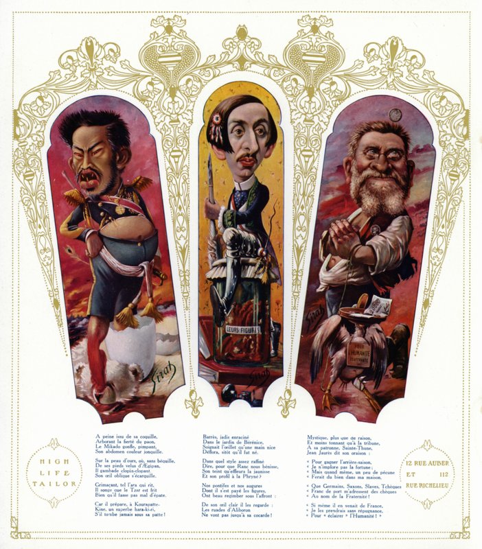 Karikatúrák: Meidzsi japán császár; Maurice Barres francia író és nacionalista politikus; Jean Jaures, francia politikus (színes litó) alkotó: Joseph Sirat