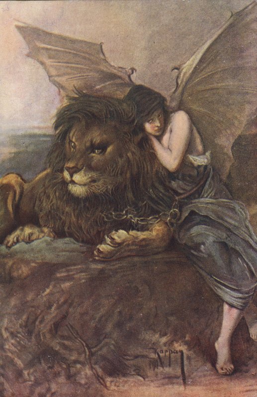 Oroszlán és szárnyas nő (színes litó) alkotó: Joszi Arpad Koppay