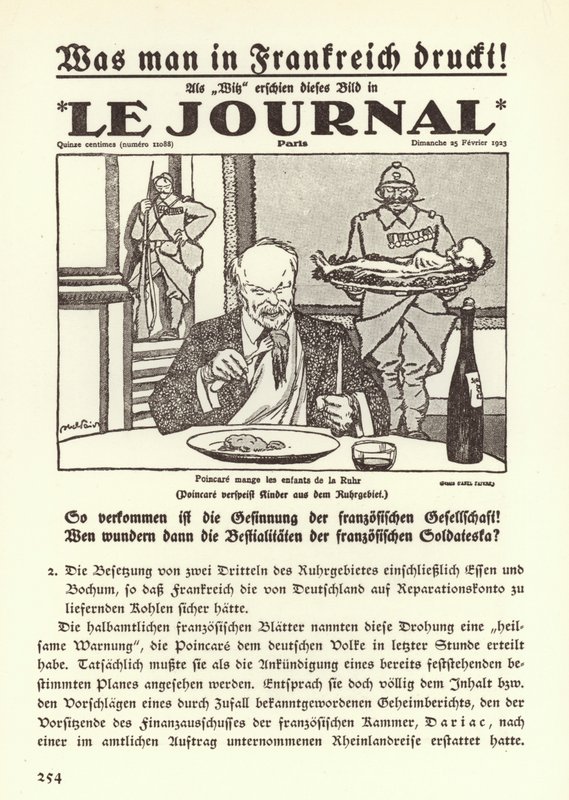 Német propaganda egy francia újság címlapján egy karikatúra, amely Raymond Poincare miniszterelnököt ábrázolja, amint a Ruhr-vidék gyermekeit eszi meg a régió francia megszállása idején. alkotó: Jules Abel Faivre