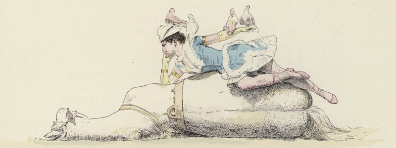 Cirkuszművész, lovon fekve, galambokkal a karján és a fején (színes litó) alkotó: Jules Arsene (after) Garnier