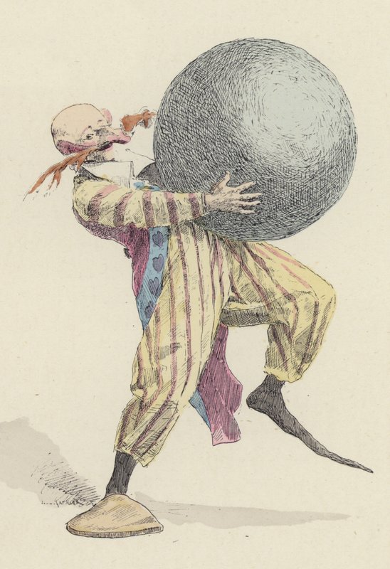 Bohóc, aki nagy labdát tart (színes litho) alkotó: Jules Arsene (after) Garnier