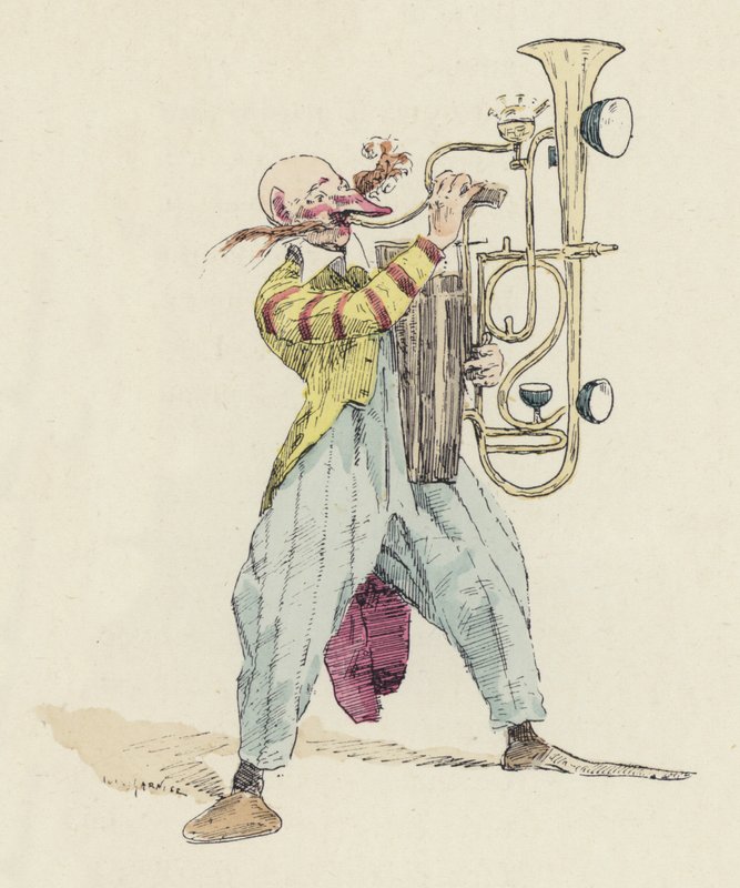 Bohóc szokatlan hangszeren játszik (színes litó) alkotó: Jules Arsene (after) Garnier