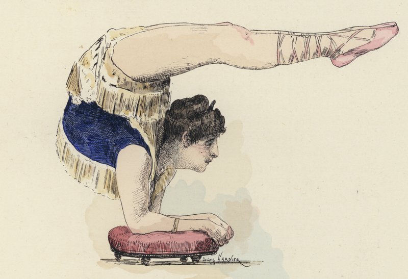 Női tornász, aki könyökből áll (színes litho) alkotó: Jules Arsene (after) Garnier