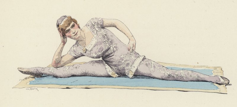 Női tornász, aki hasítást csinál (színes litho) alkotó: Jules Arsene (after) Garnier