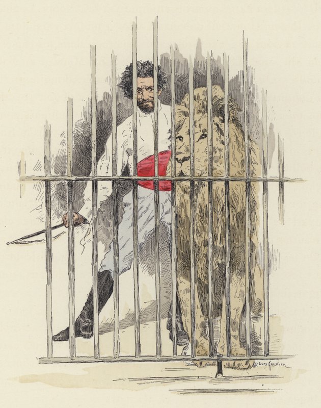Oroszlán és oroszlánszelídítő egy ketrecben (színes litho) alkotó: Jules Arsene (after) Garnier