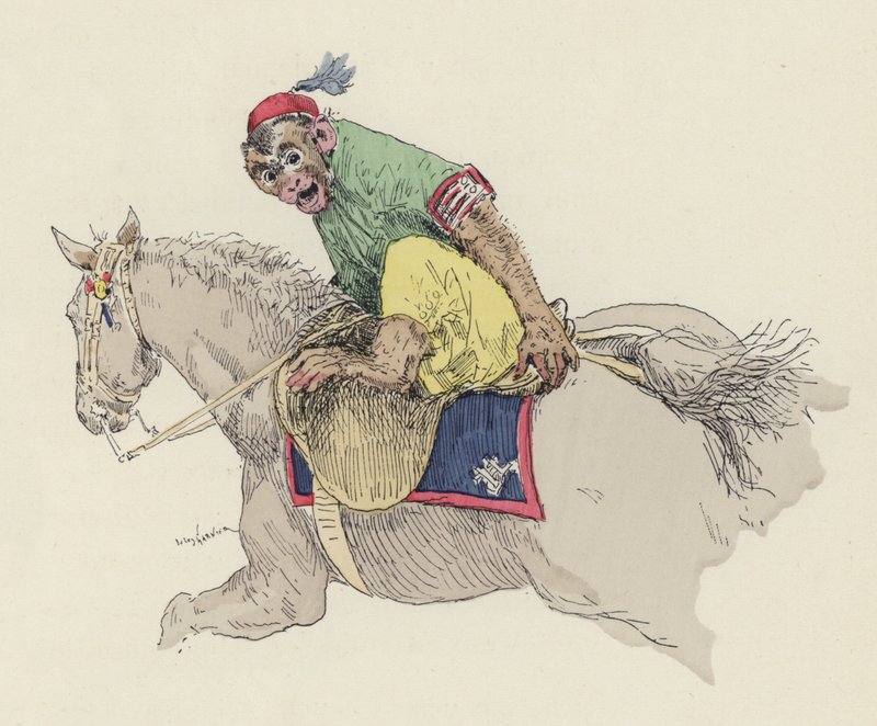 Lovagló majom (színes litó) alkotó: Jules Arsene (after) Garnier
