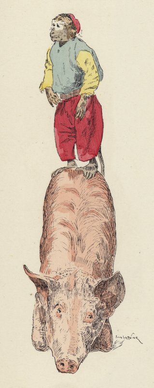 Disznón lovagló majom (színes litó) alkotó: Jules Arsene (after) Garnier