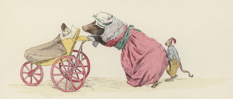 Kutyát toló disznó babakocsiban, mögötte majom (színes litho) alkotó: Jules Arsene (after) Garnier