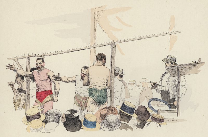Oldalbemutató a vásárban (színes litó) alkotó: Jules Arsene (after) Garnier