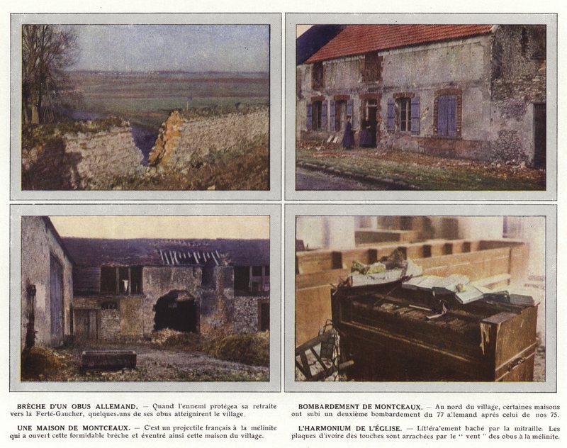 Egy német lövedék betörése, Montceaux bombázása, Montceaux-i ház, A templom harmóniája alkotó: Jules Gervais Courtellemont