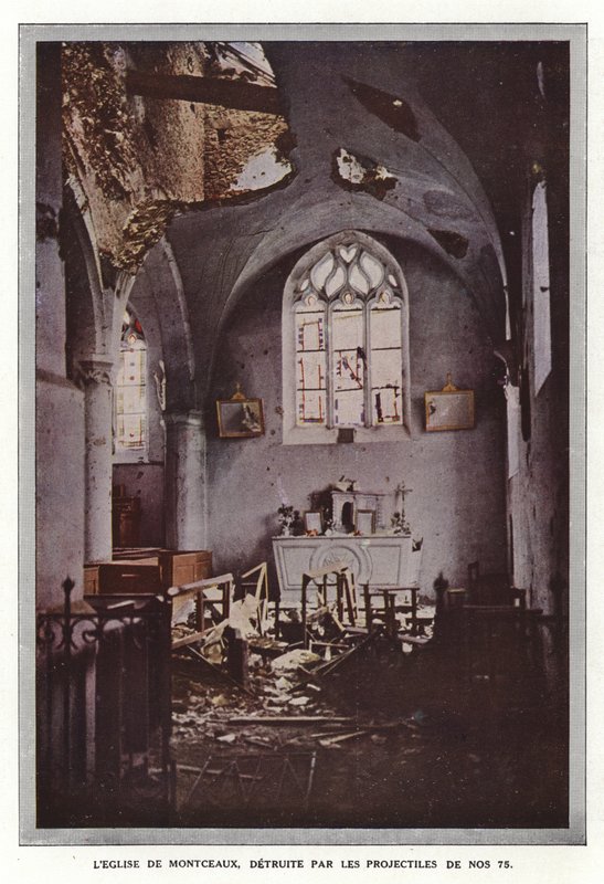 A montceaux-i templom, amelyet a 75. számú lövedékek pusztítottak el alkotó: Jules Gervais Courtellemont