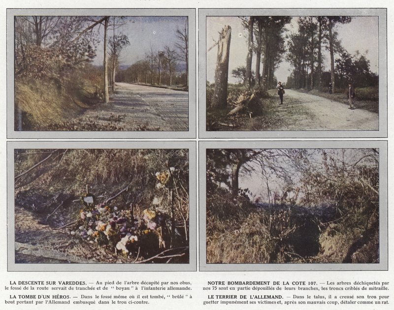 A Vareddes leereszkedése, A 107-es domb bombázása, Egy hős sírja, A német odú alkotó: Jules Gervais Courtellemont