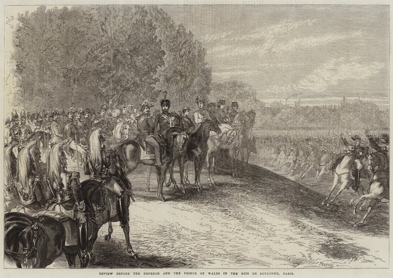Szemle a császár és a walesi herceg előtt a Bois de Boulogne-ban, Párizsban alkotó: Jules Pelcoq