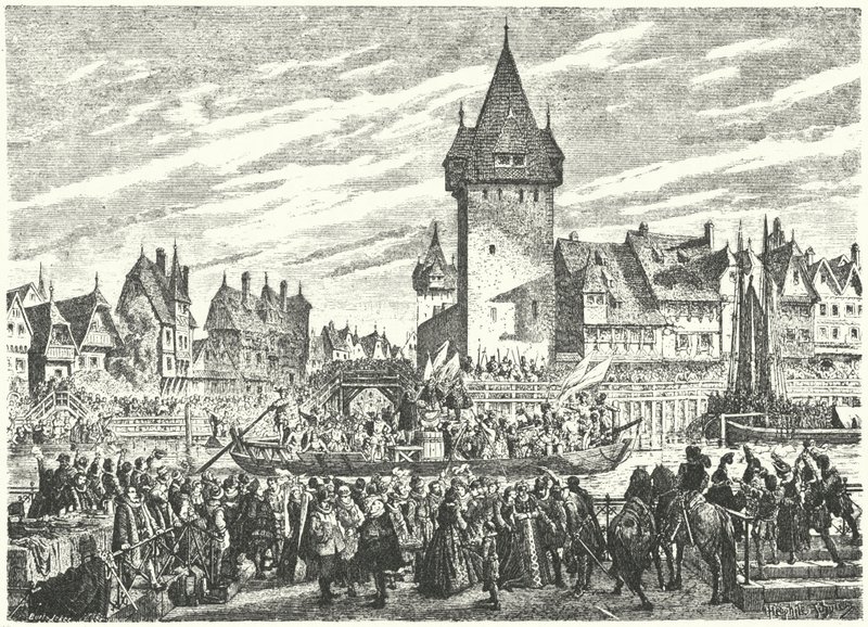 A Hirsebreifahrt, egy rakomány köles szállítása hajóval Zürichből a város szövetségeséhez, Strasbourghoz alkotó: Jules Theophile (after) Schuler
