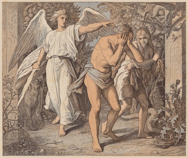 Ádám és Éva kiűzetése a Paradicsomból, Genezis, III, 23, 24 (színes metszet) alkotó: Julius (after) Schnorr von Carolsfeld