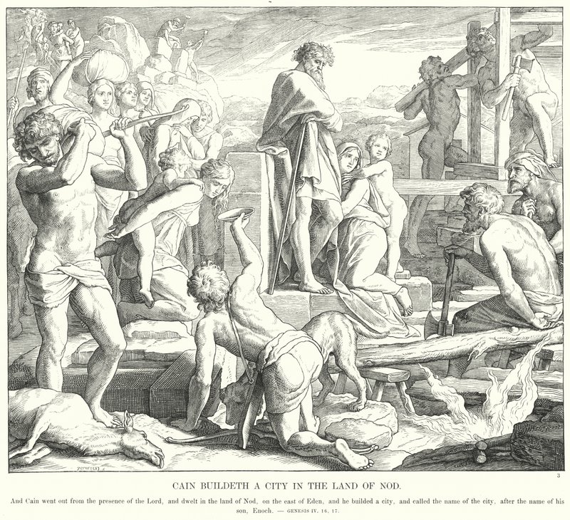 Káin várost épít Nod földjén (metszet) alkotó: Julius (after) Schnorr von Carolsfeld