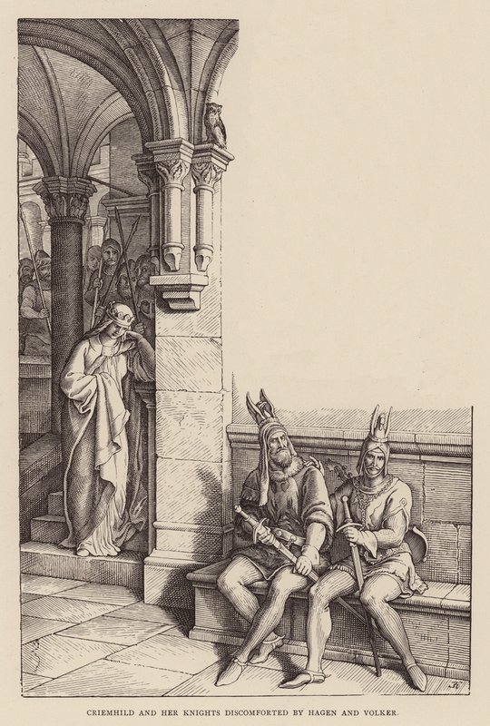 Criemhild és lovagjai, Hagen és Volker kellemetlenkednek (metszet) alkotó: Julius (after) Schnorr von Carolsfeld