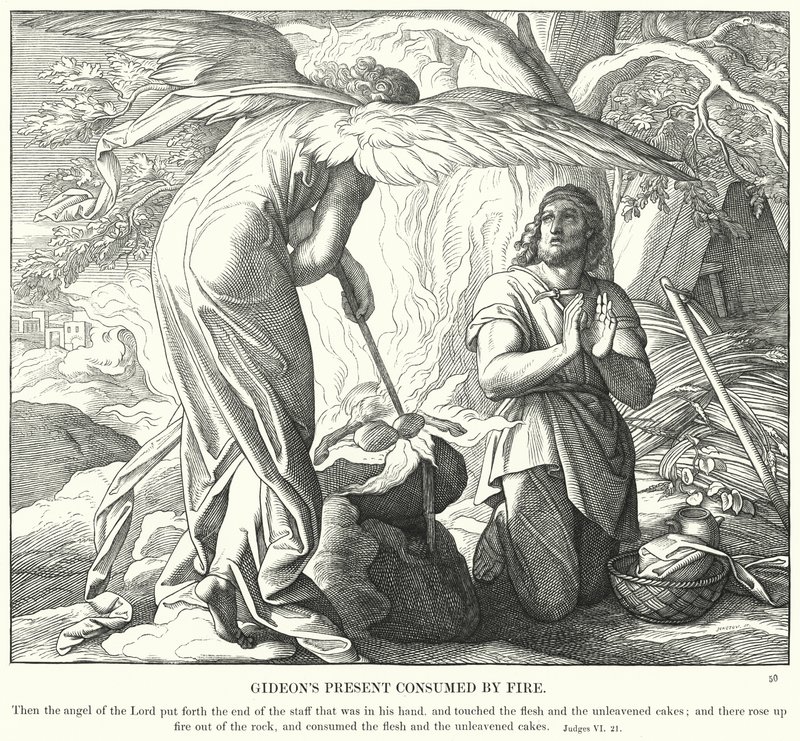 Gedeon ajándéka, amelyet tűz emésztett fel (metszet) alkotó: Julius (after) Schnorr von Carolsfeld