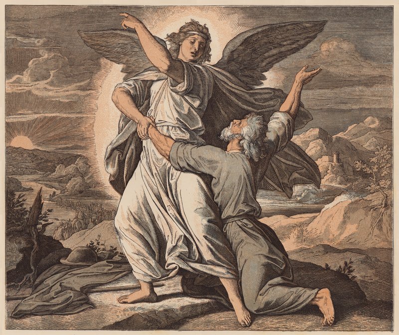 Jákob birkózik az angyallal, Genezis, XXXII, 26 (színes metszet) alkotó: Julius (after) Schnorr von Carolsfeld