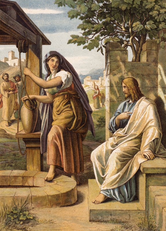Jézus és a szamariai asszony (színes litográfia) alkotó: Julius (after) Schnorr von Carolsfeld