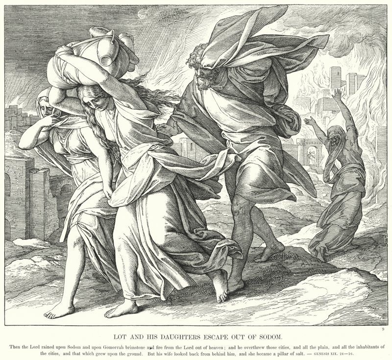 Lót és lányai kiszöknek Szodomából (metszet) alkotó: Julius (after) Schnorr von Carolsfeld