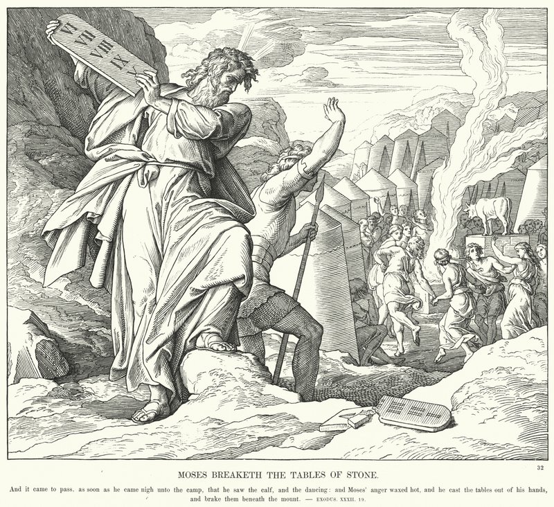 Mózes összetöri a kőtáblákat (metszet) alkotó: Julius (after) Schnorr von Carolsfeld