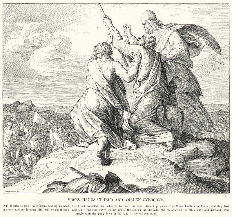 Mózes feltartott kezei és Amalek legyőzése (metszet) alkotó: Julius (after) Schnorr von Carolsfeld