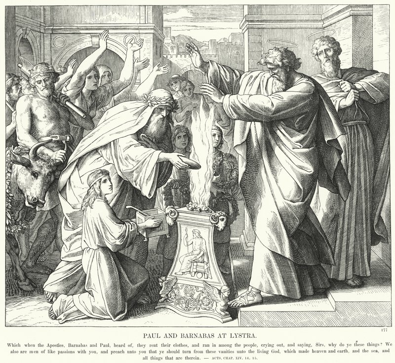 Pál és Barnabás Lystrában (metszet) alkotó: Julius (after) Schnorr von Carolsfeld