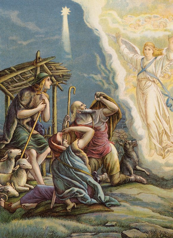 Pásztorok fogadják a jó hírt (színes litográfia) alkotó: Julius (after) Schnorr von Carolsfeld