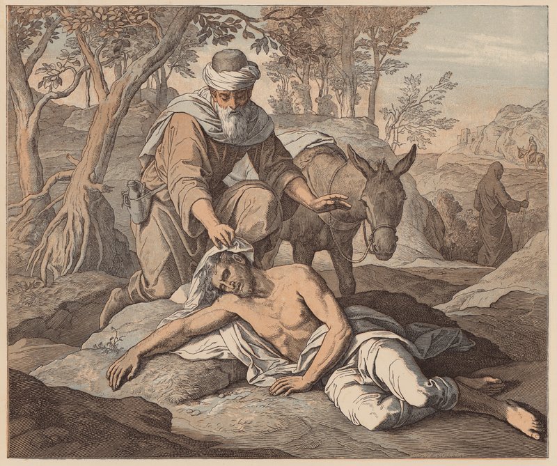 Az irgalmas szamaritánus, Szent Lukács, X, 33, 34 (színes metszet) alkotó: Julius (after) Schnorr von Carolsfeld